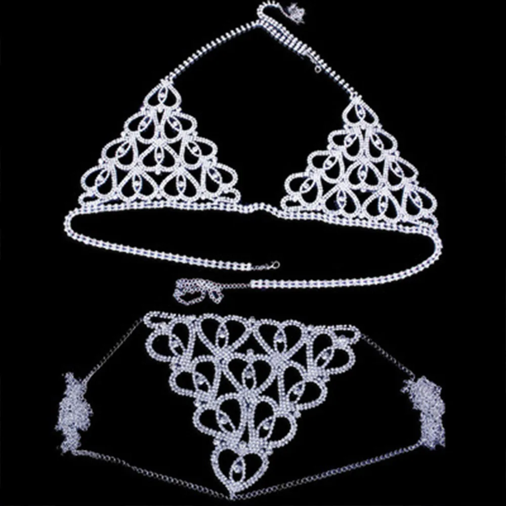 Fashion Rhinestone Heart Bra Thong Set Bikini Cover Up Women Summer Sexy Shiny Crystal Swimsuit Accessories for Party Beachwear view 2