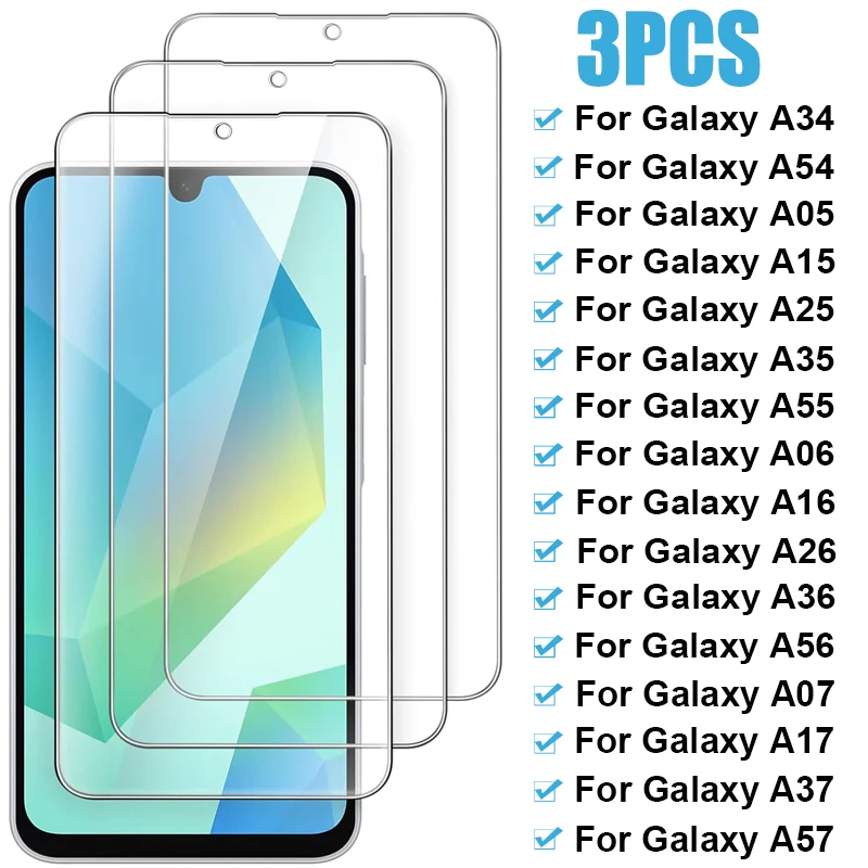 3 piezas vidrio templado para Samsung Galaxy A56 A36 A16 A26 A06 A55 A35 A25 A15 A05S A07 A17 A37 A57 A34 A54 5G, protector de pantalla