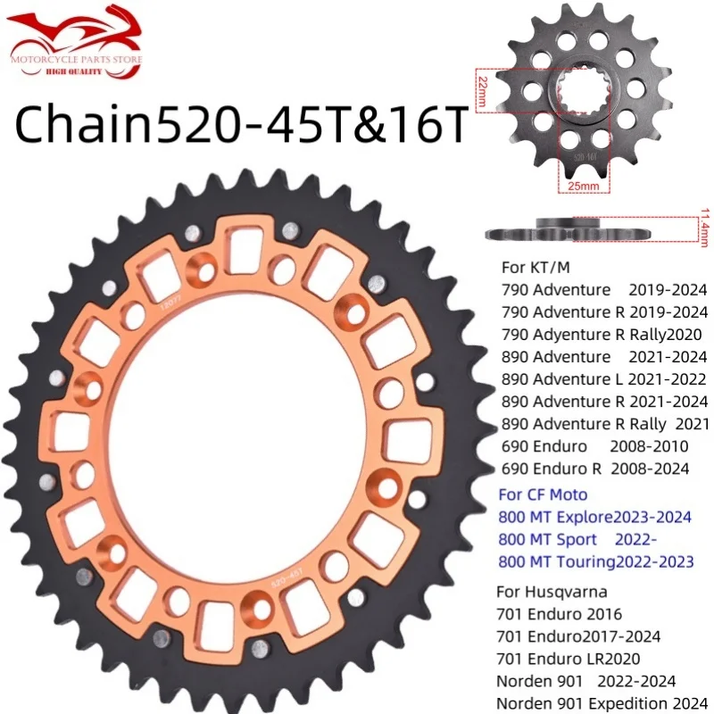 

520 chain 16/45T Sprocket For KT/M 400 LC4 LSE SX 690 Enduro 620 EGS-E 790 890 Adv Husqvarna Norden 901 701 Enduro CFmoto 800MT