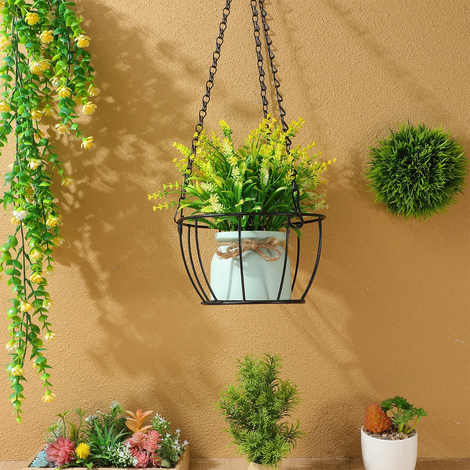 2Pcs Hanging Basket Wire Round Chain Holder Indoor Outdoor Balcony Porch Garden Decor Flower Pot Hanger