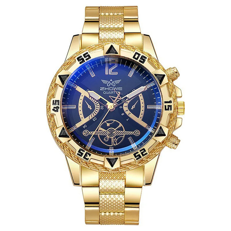 Fashion Men's Quartz Watch Blue Light Large Dial Gold Bezel Steel Strap Male Business Wristwatch Casual Simple Stylish Boy Gifts