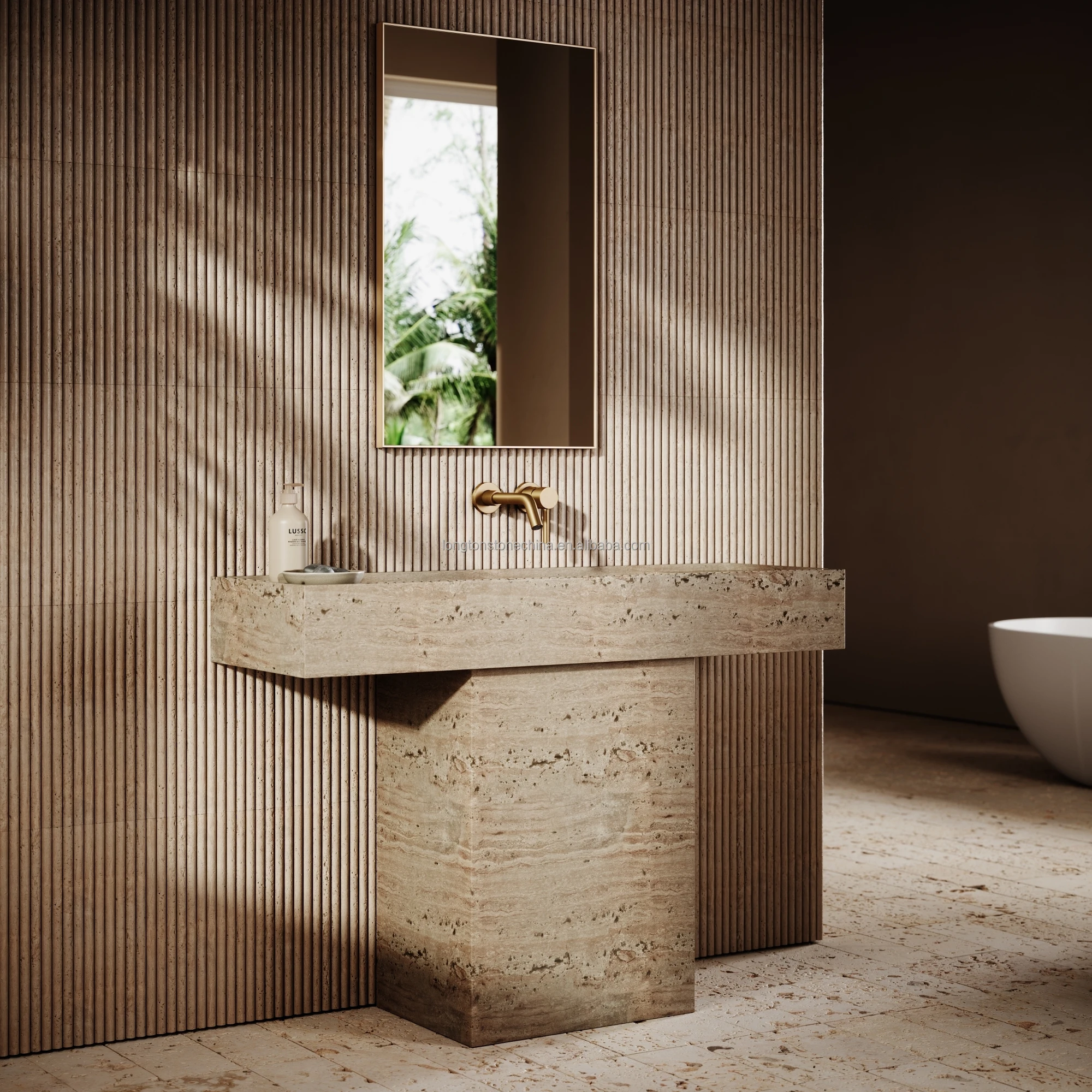 Fregaderos travertino Beige modernos, lavabo de mármol independiente para Baño
