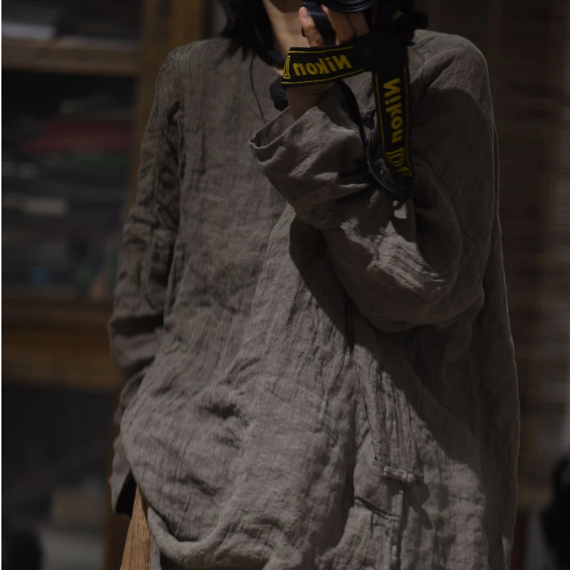 

Japanese Style O Neck Chinese Button Double Layer Women Long Shirts and Blouses Vintage Loose Robe Natural Loose Femme Tops