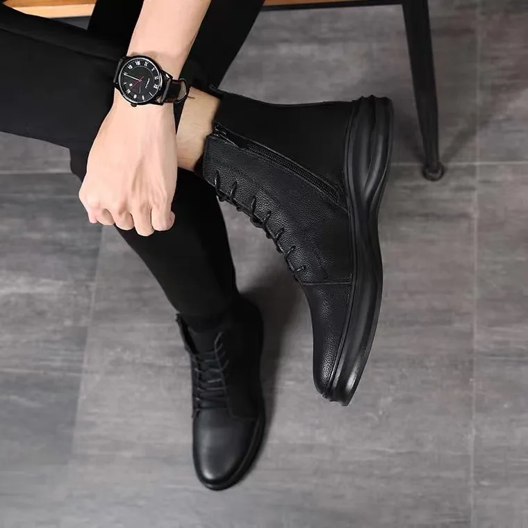 

Men's leather short boots 2025 autumn and winter leather high top casual workwear shoes British style mid top leather shoes