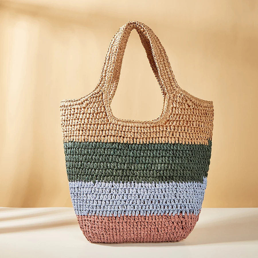 

Summer Beach Straw Bag For Women Patchwork Knitted Bucket Shoulder Bags Reticulate Hollow Travel Shopper Totes Colorful Handbag