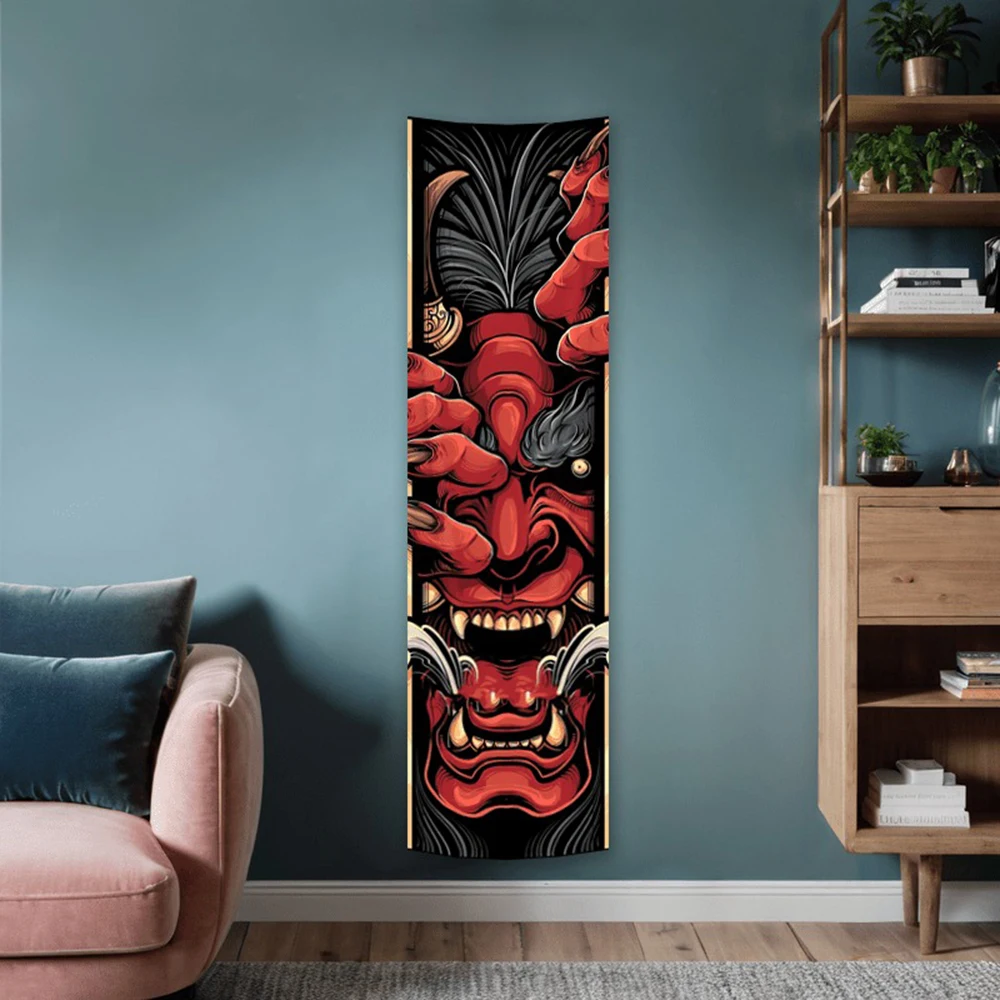 Japanese Tengu Red Demon Mask Vertical Tapestry Mysterious Oni Mask Printed Wall Art Tapestry Wall Hanging for Home Room Decor