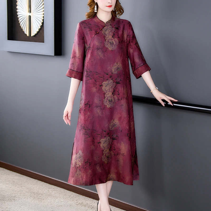 

Women Red Floral Mulberry Silk Midi Dress Summer New Elegant Loose Waist Plus Size Dress 2024 Korean Vintage Casual Party Dress