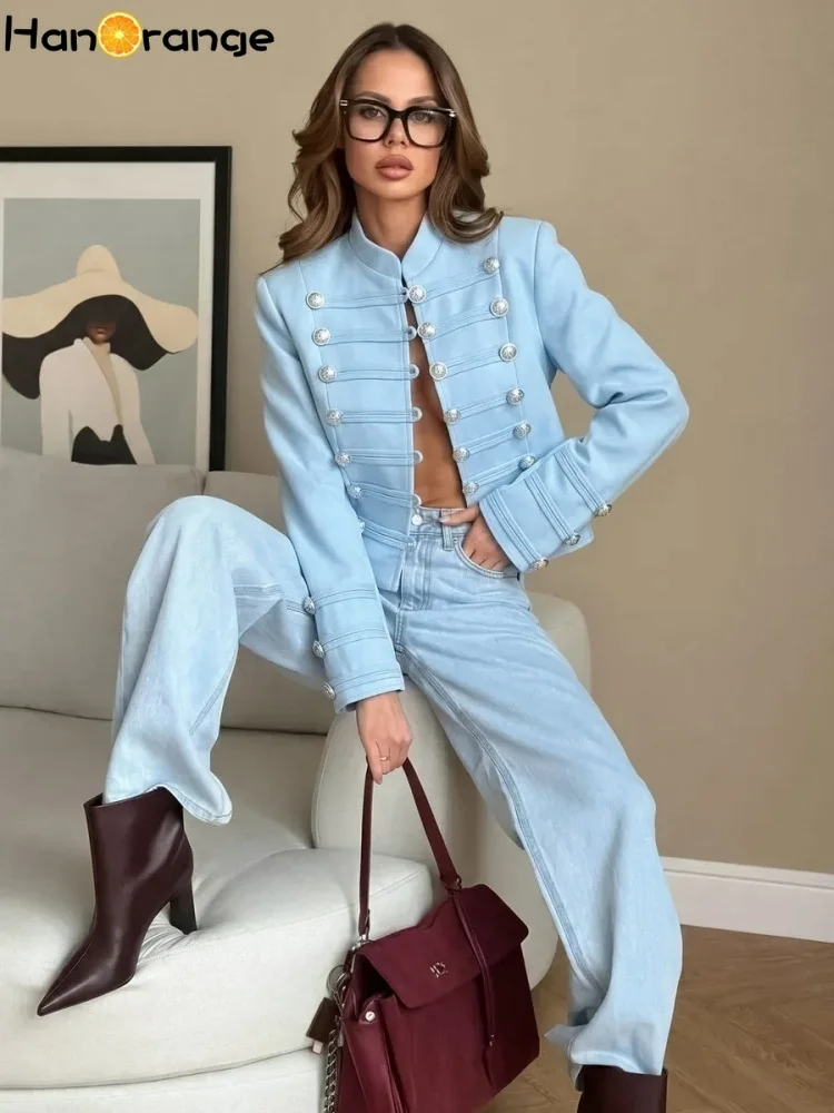 Women Vintage Military Style Cropped Jacket Stand Collar Silver Buttons Decor Slim Short Outerwear Elegant Party Commuter Blazer