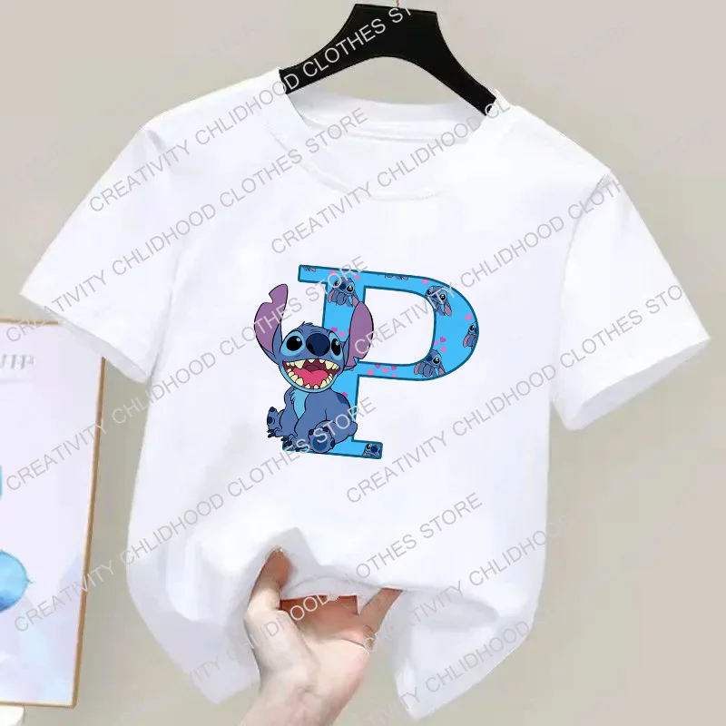 Camiseta de Stitch para niños, combinación de nombre de letra A B C D, camisetas de Anime Kawaii, ropa informal de dibujos animados, camiseta para niño y niña