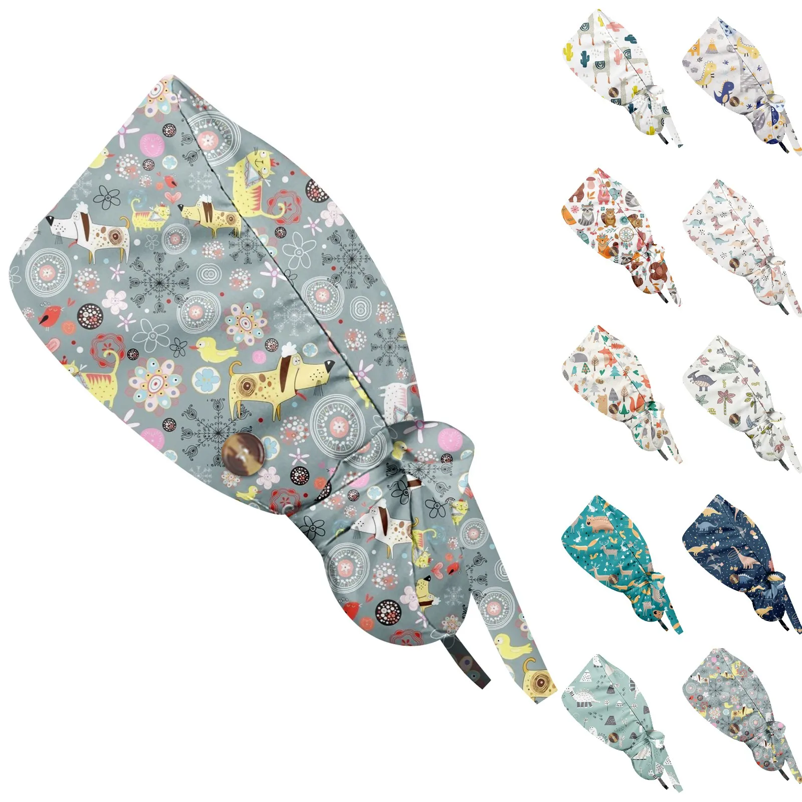 Mode Schattige Kleine Dieren Gedrukt Verpleegster Hoed Casual Dames Paardenstaart Hoeden Baotou Hoed Stofdichte Hoed Verpleging Werk Hoeden