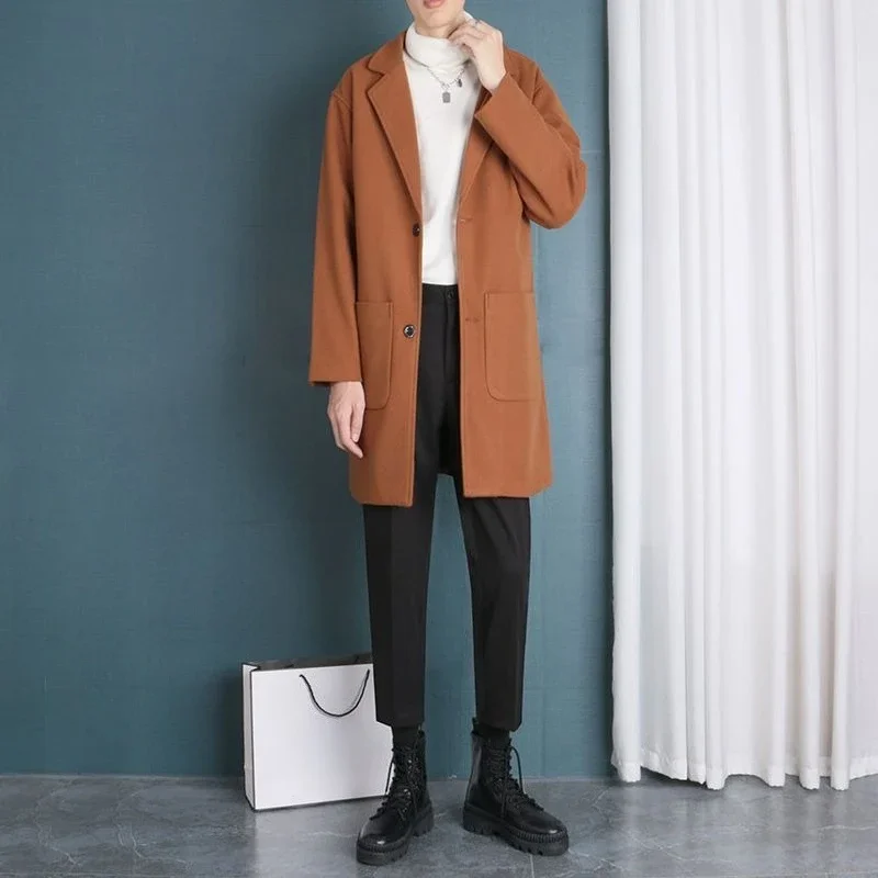 

Korean Style Oversized Wool Trench Coat for Men Longline Blazer Collar Winter Jacket with Knee Length Design​