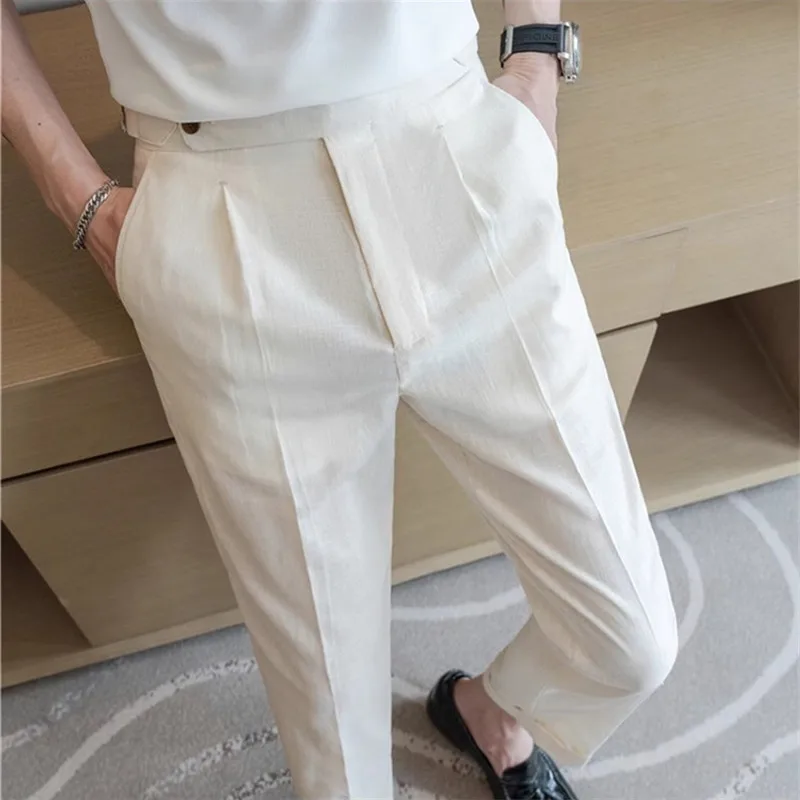 High Quality Summer Suit Pants Men Thin Cotton Linen Breathable Smart Casual Trousers Mens Solid Straight Dress Pants 90% Linen