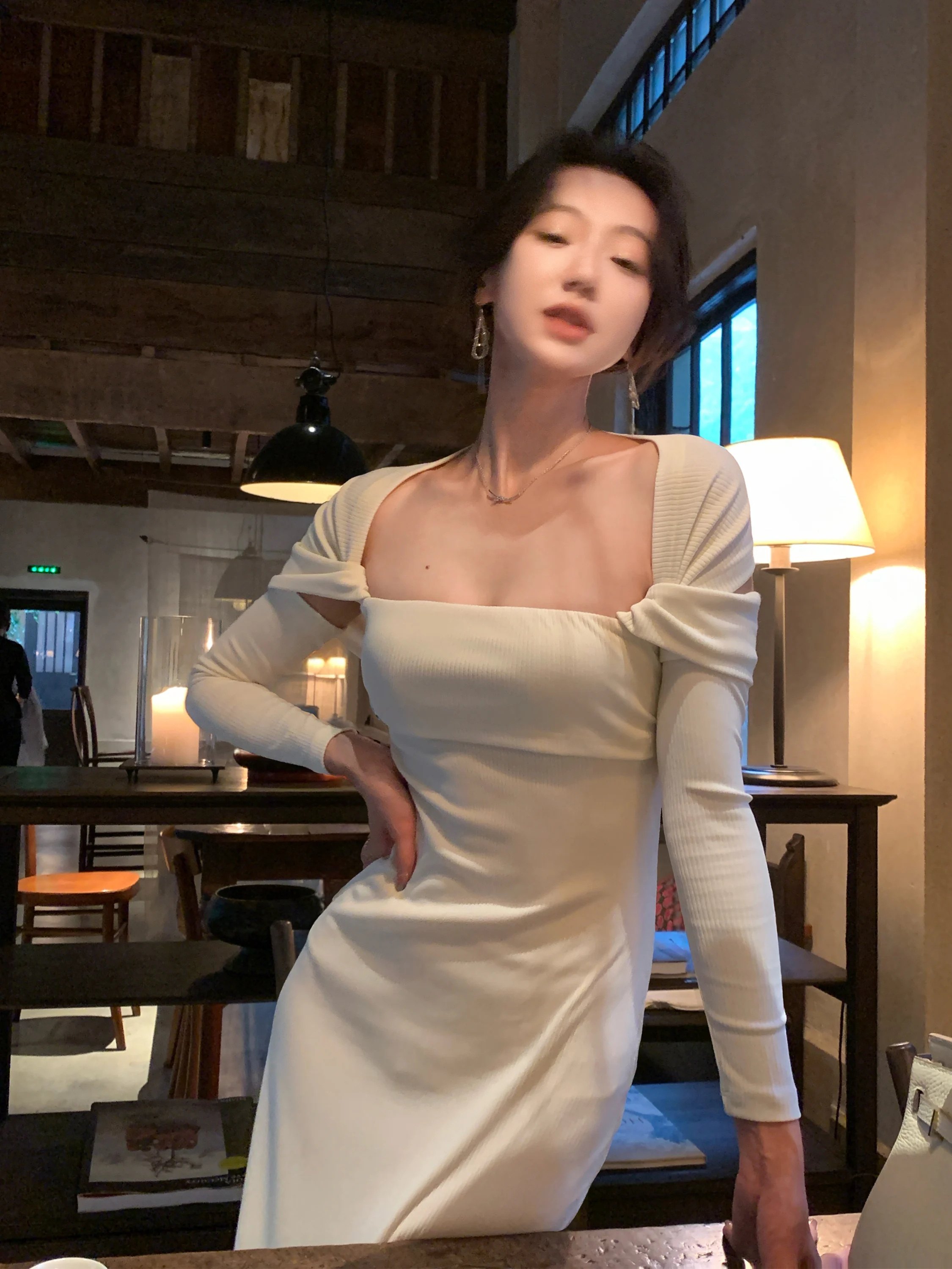 

Белое вязаное облегающее женское платье N&U с высокой талией, роскошное, весенне-летнее, с V-образным вырезом, с длинными рукавами, облегающее, в стиле бодикон