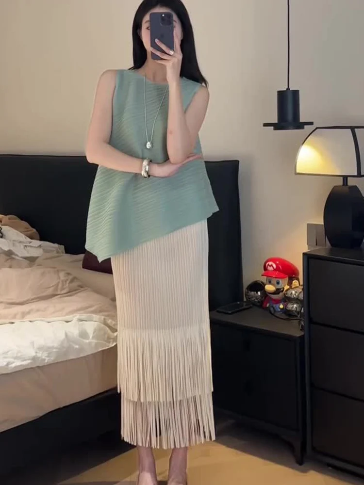 

Удобный женский топ-жилет с бахромой в корейском стиле, летний тренд, для юбки, прямой крой, шелковая блузка