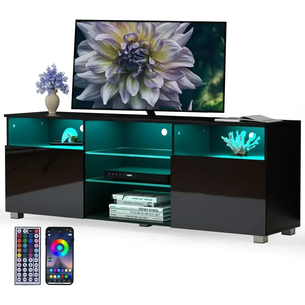 Glossy Black LED TV Stand for 55-65 Inch TVs, Adjustable Shelving Entertainment Center