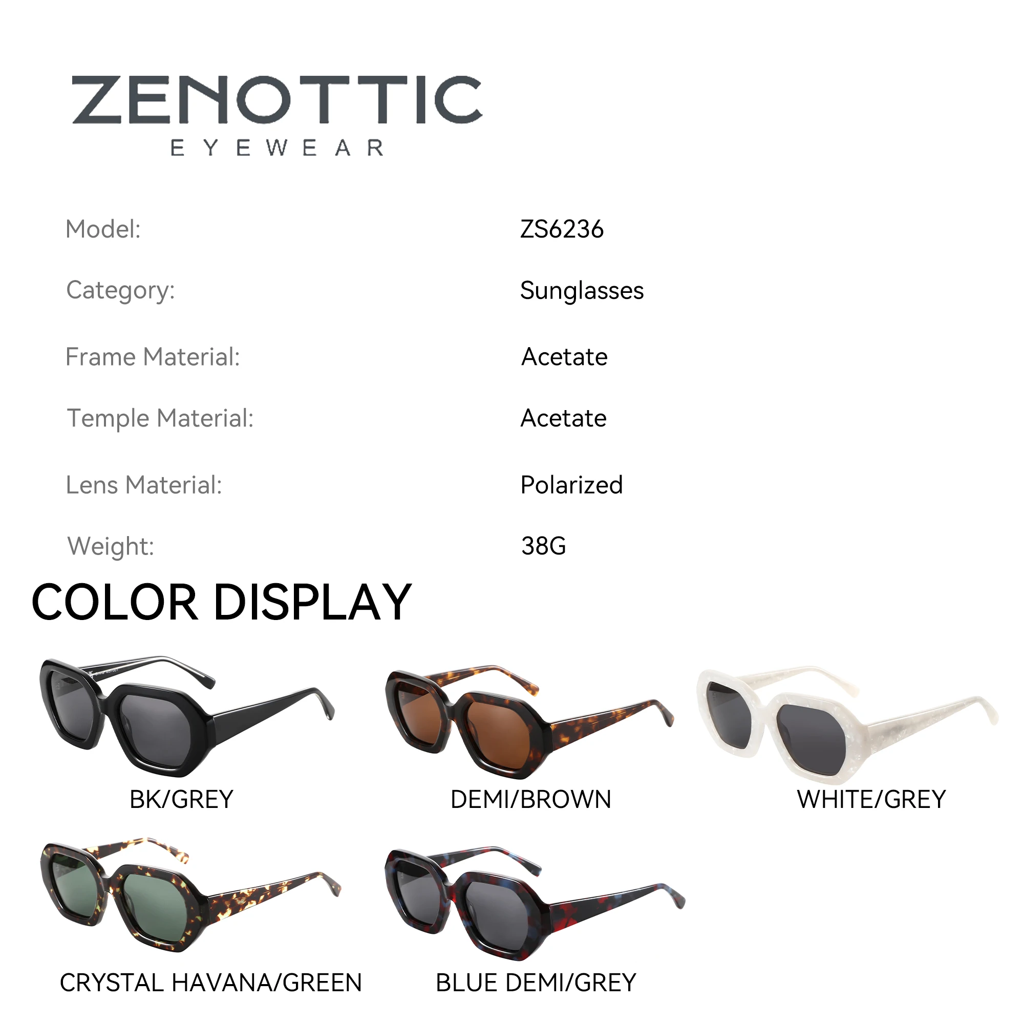 ZENOTTIC Fashion Trend Lunettes de soleil polarisées à monture épaisse pour femme Lunettes de soleil hexagonales en acétate Voyage en plein air Shopping Essentiels