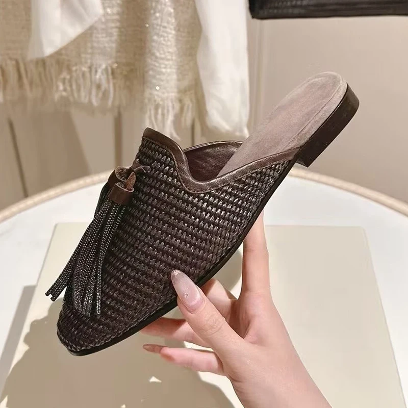 Tassels String Bead Weaving Design Flat Bottom Mules Women's Solid Color Retro Shallow Mouth Loafers Four Seasons Single Shoes
