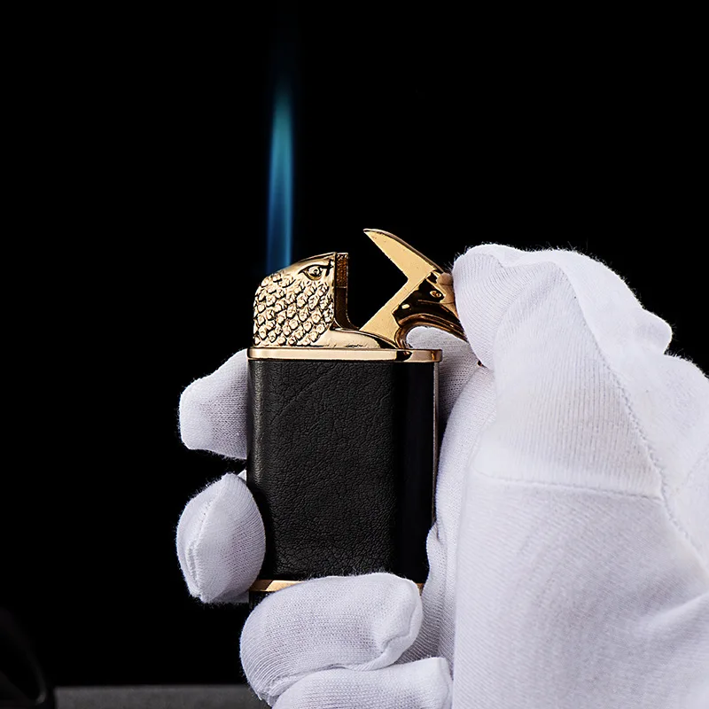 

New Cigar Igniter Eagle Head Metal Leather Windproof Open Fire Lighter Butane Inflatable Cigarette Lighters & Smoking Accessorie