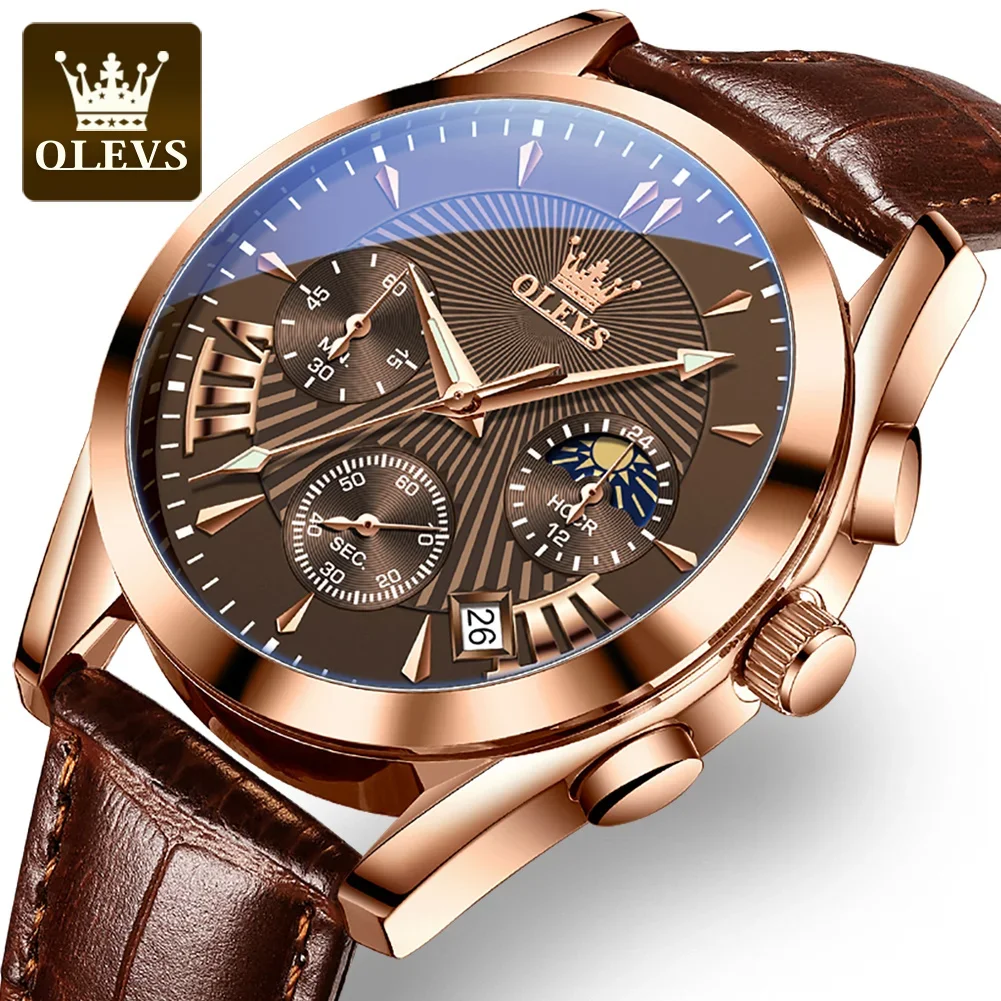 OLEVS 2876 Multifunctional Luxury Genuine Leather Strap Watches for Men Quartz Sport Waterproof Men Wristwatches Luminous