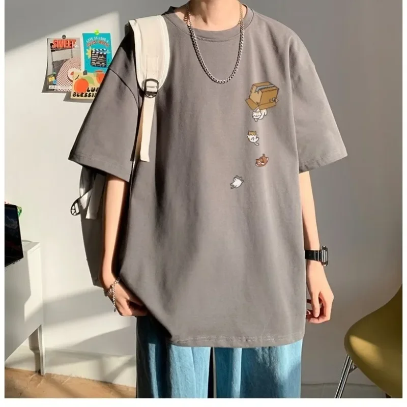 M-8XL Men Oversized Korean Fashion Loose American Vintage Carton Kitten Print Short Sleeve Versatile Trend Couple Outfit, image 4