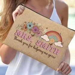 Borsa per il trucco in lino personalizzata con nome personalizzato regalo per la festa dell'insegnante scatola per il trucco da sposa da damigella d'onore portafoglio da viaggio per wc da donna