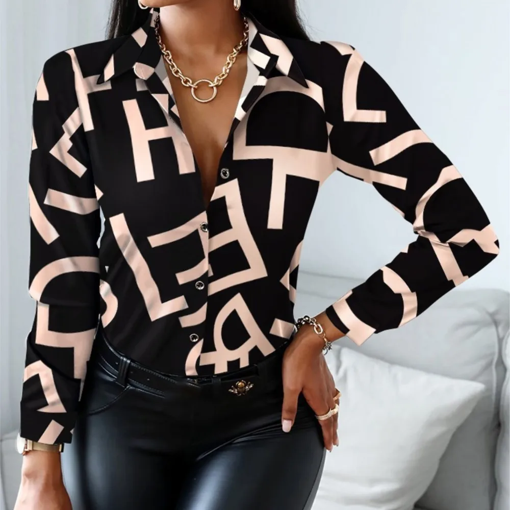 Elegant Lapel Cardigan Shirt 2024 Autumn/winter Long Sleeved V-neck Color Blocked Retro Style Blouse Top Femme Blusas Camisas