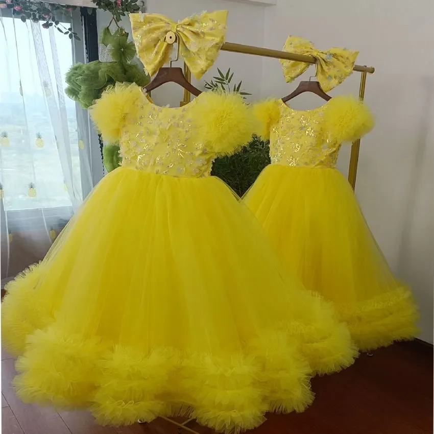 

Yellow Princess Flower Girl Dresses for Wedding Sequins Lace Appliques Gowns for Photoshoot First Communion Gowns Customized