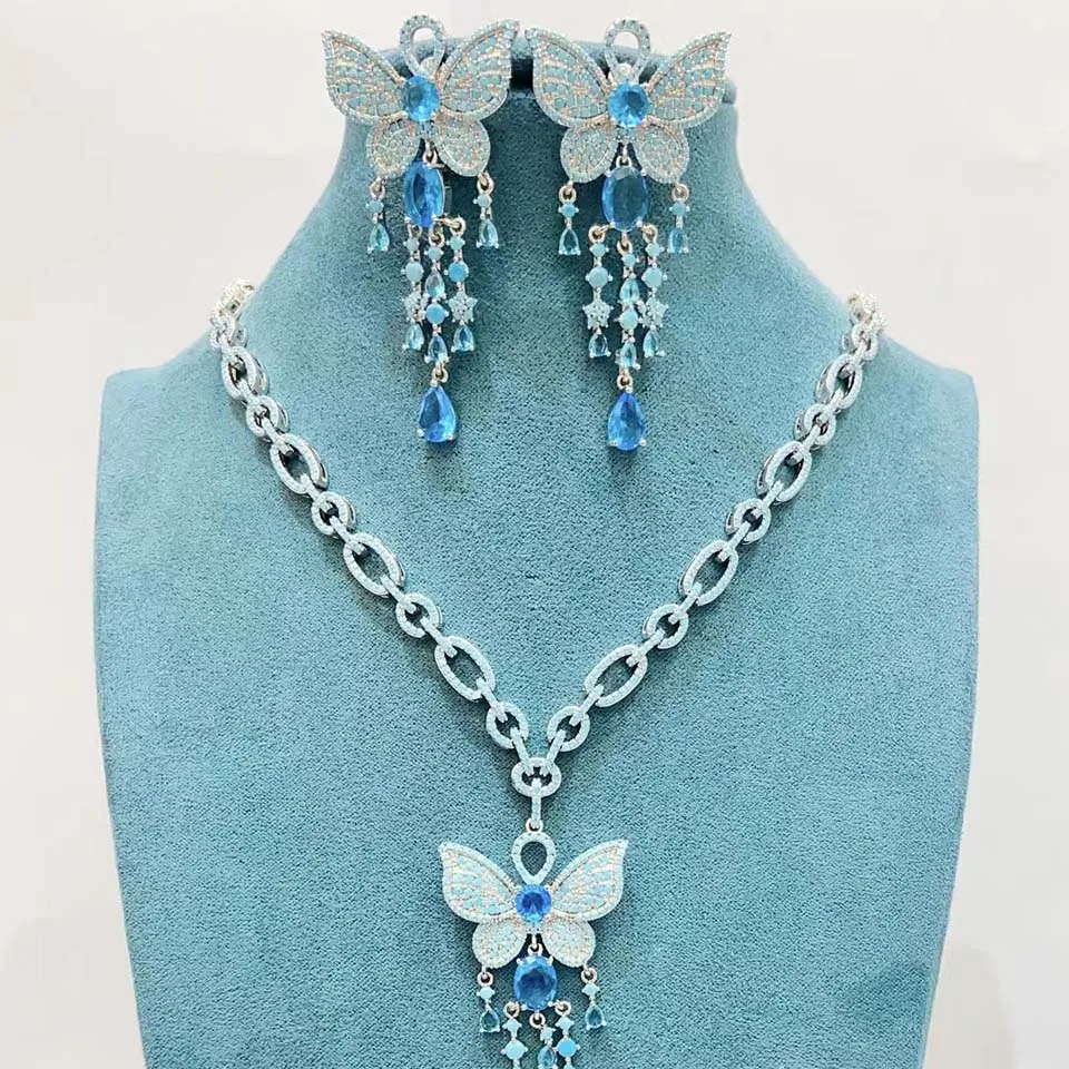 Zlxgirl colorful butterfly shape Bridal Jewelry Set Necklace Earring Women's Wedding CZ Zircon Bijoux Accessory