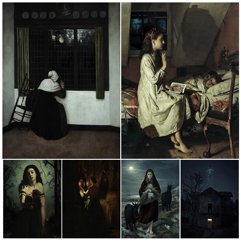 

Bedtime Horror Stories,The Ghost In The Window Vintage Wall Art Canvas Painting The Witch On The Broom Art Poster Print Decor