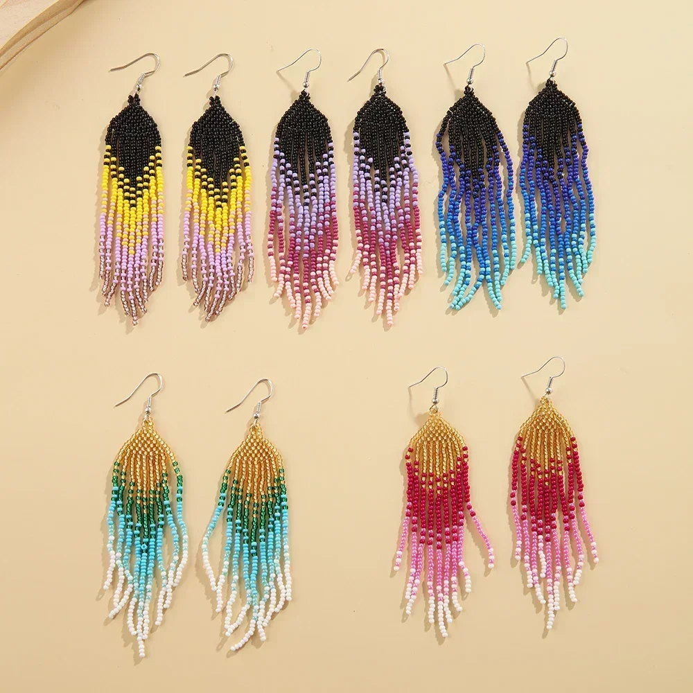 Beaded earrings Gradient Retro Hand weaving Bohemia Tassel Tidal current Female Gradient color Simplicity Alloy Beaded earrings