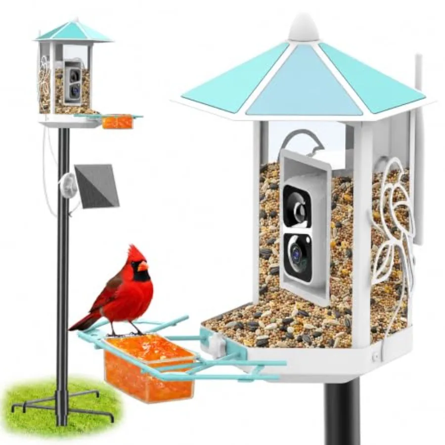 Smart Bird Feeder with Camera, Solar Powered, 74.5 Inch Pole: Durable ABS Plastic, Matte Black, Real-Time HD Video Weatherproof