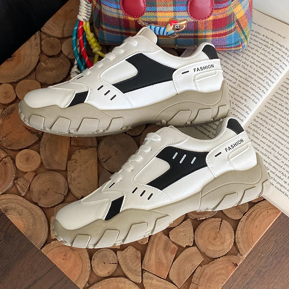 

Удобные спортивные повседневные женские туфли с круглым носком, весенне-осенние новые стильные кроссовки унисекс на резиновой подошве из искусственной кожи с верхом для взрослых