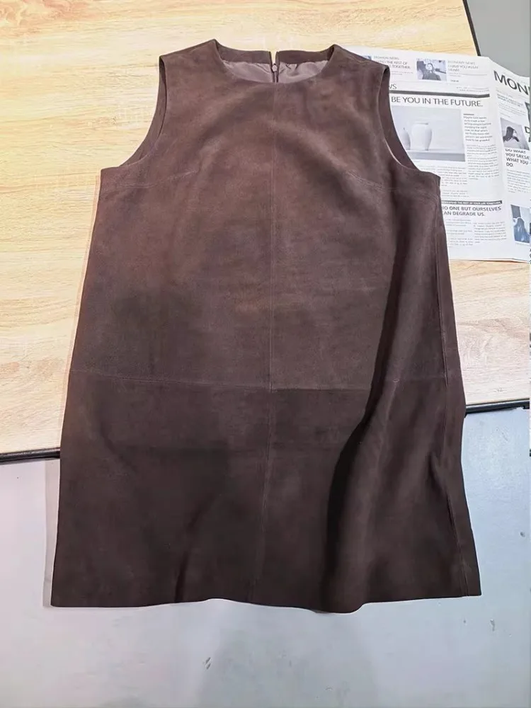 Vrouwen lederen jurk casual mouwloze O-hals suède schapenvacht korte jurken losse pasvorm mode dames trui tankjurk