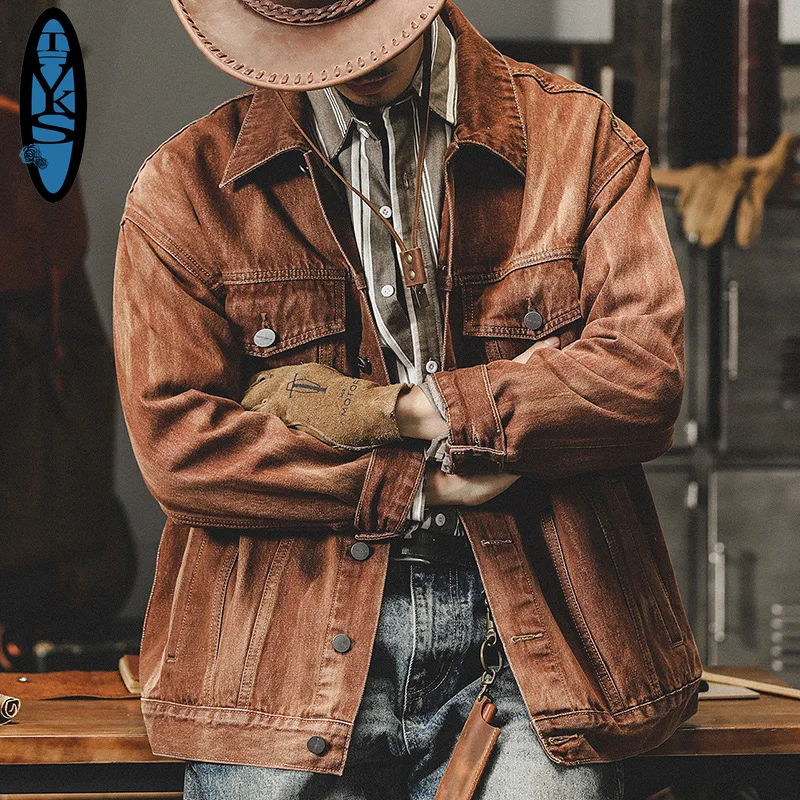 2026 New American Retro Men\'s Denim Jackets Wear-resistant Classic Vintage Baggy Coats for Male Motor&biker Brown Men Clothing