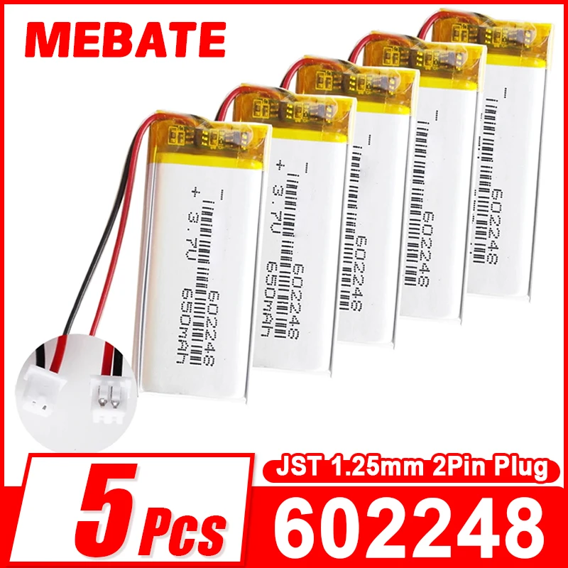 5 pcs 3.7V 650mAh Lipo Polymer Lithium Rechargeable Battery  + JST 1.25mm 2pin Plug 602248 For MP3 GPS Recorder Headset Camera