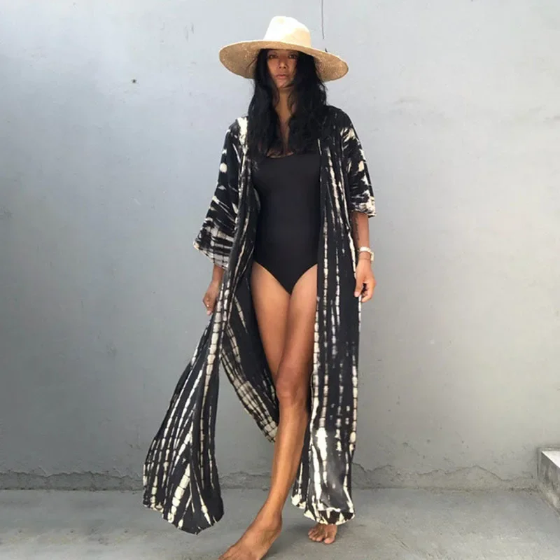 TEELYNN nadrukowana bluza z kapturem szlafrok Kimono kobiet Vestidos 2024 luźne, swobodne seksowne Bikini zakrywają letnie zakrywające plażowe sukienki w stylu Boho