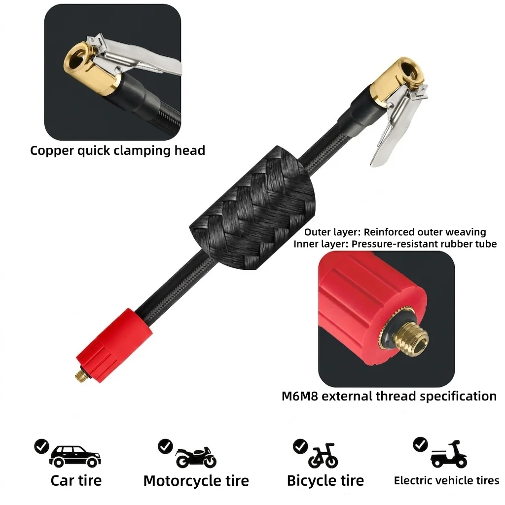 M6 Thread Air Inflator Extension Hose, Brass Lock On Air Chuck Rubber Tube with Heat Shield Sleeve for Car Motorcycle Tire