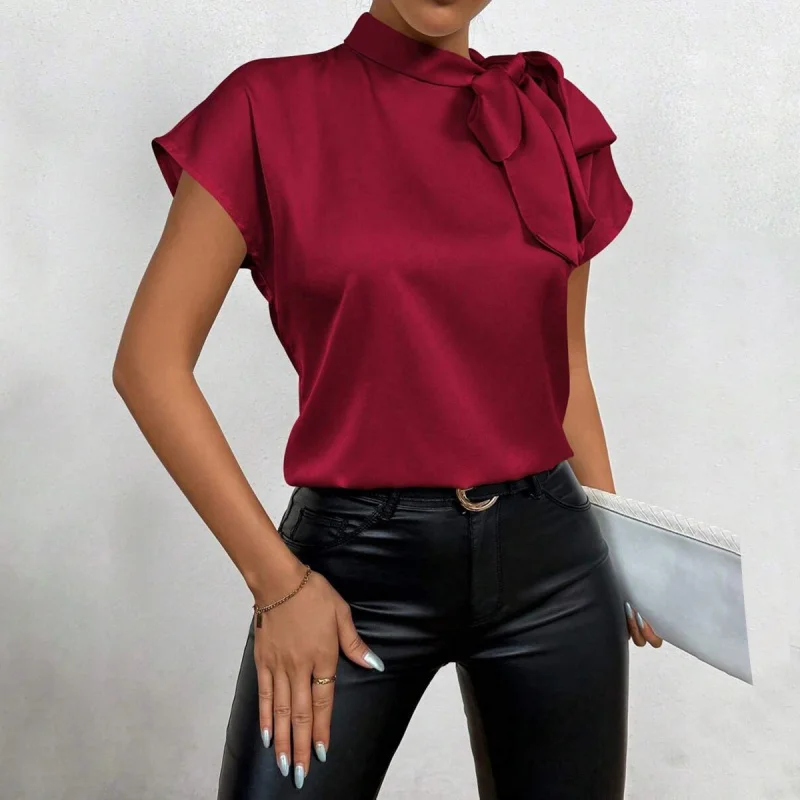

European and American New Popular Satin Shirt Women 2025Summer2025New Short Sleeve Bow Top Women's Clothing