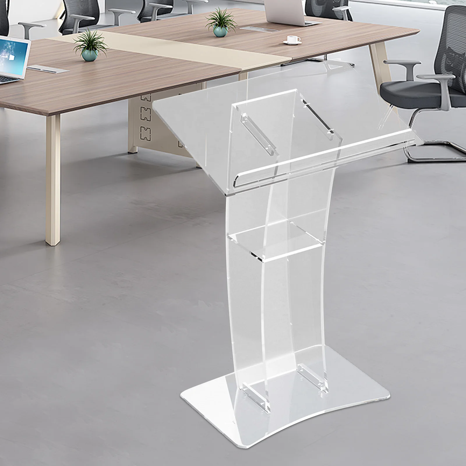 Podium, Acrylic Lectern, Transparent Arc Speaker Stand, Stable Structure, Wide Base 19.68x13.77in, Conference Presentation Stage
