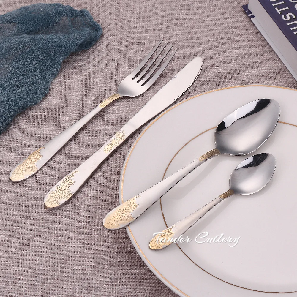 Tableware set 72-piece set 84 gold-plated stainless steel knife, fork, spoon, western food wooden box gift