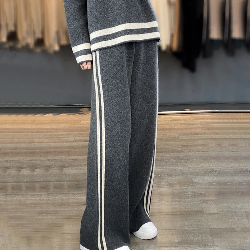 New autumn and winter 100% pure wool knitting suit female O-neck pullover loose casual sweater wide-leg pants two-piece suit