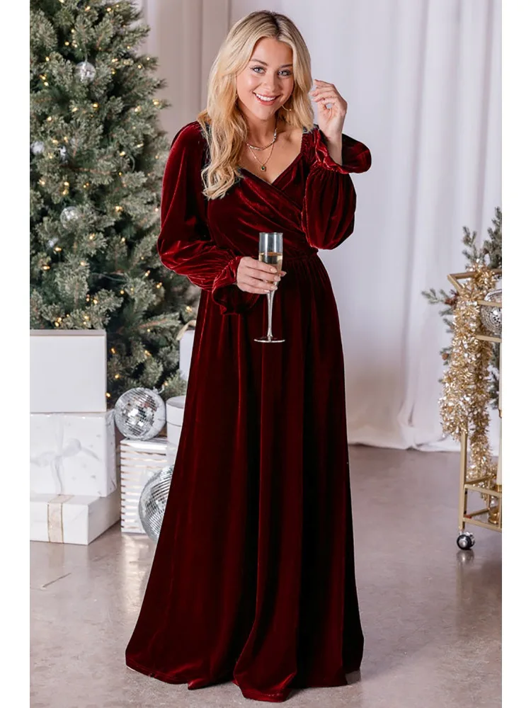 

Luxury Women's Clothing Velvet Long Dress Party Dress Independent Station New V-neck Long Sleeves Evening Gown Fitted Waist