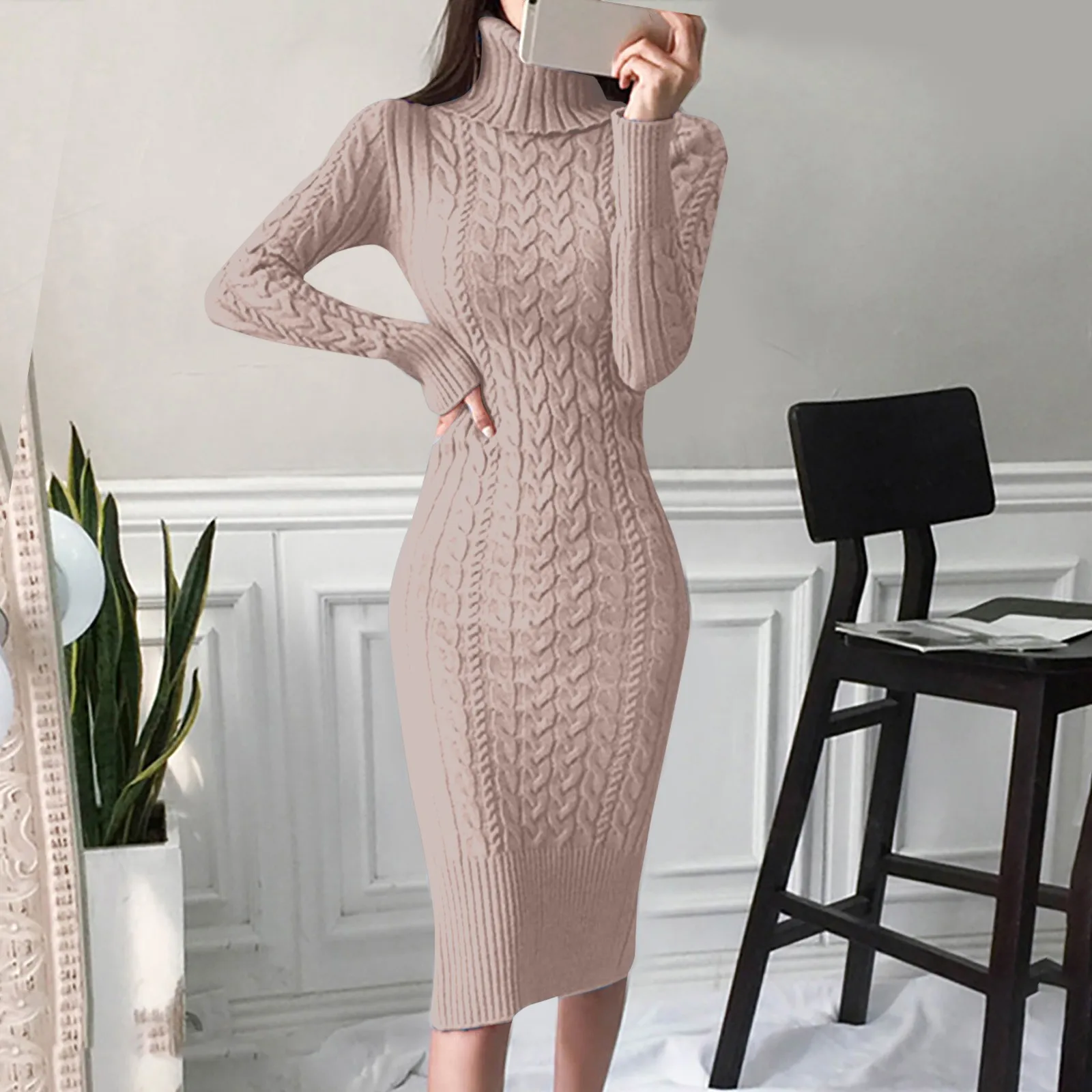 Damen-Strickkleid, Rollkragen, lange Ärmel, schlank und schlank, mittellanges Overknee-Kleid im Herbst-Winter-Pullover, langes Kleid