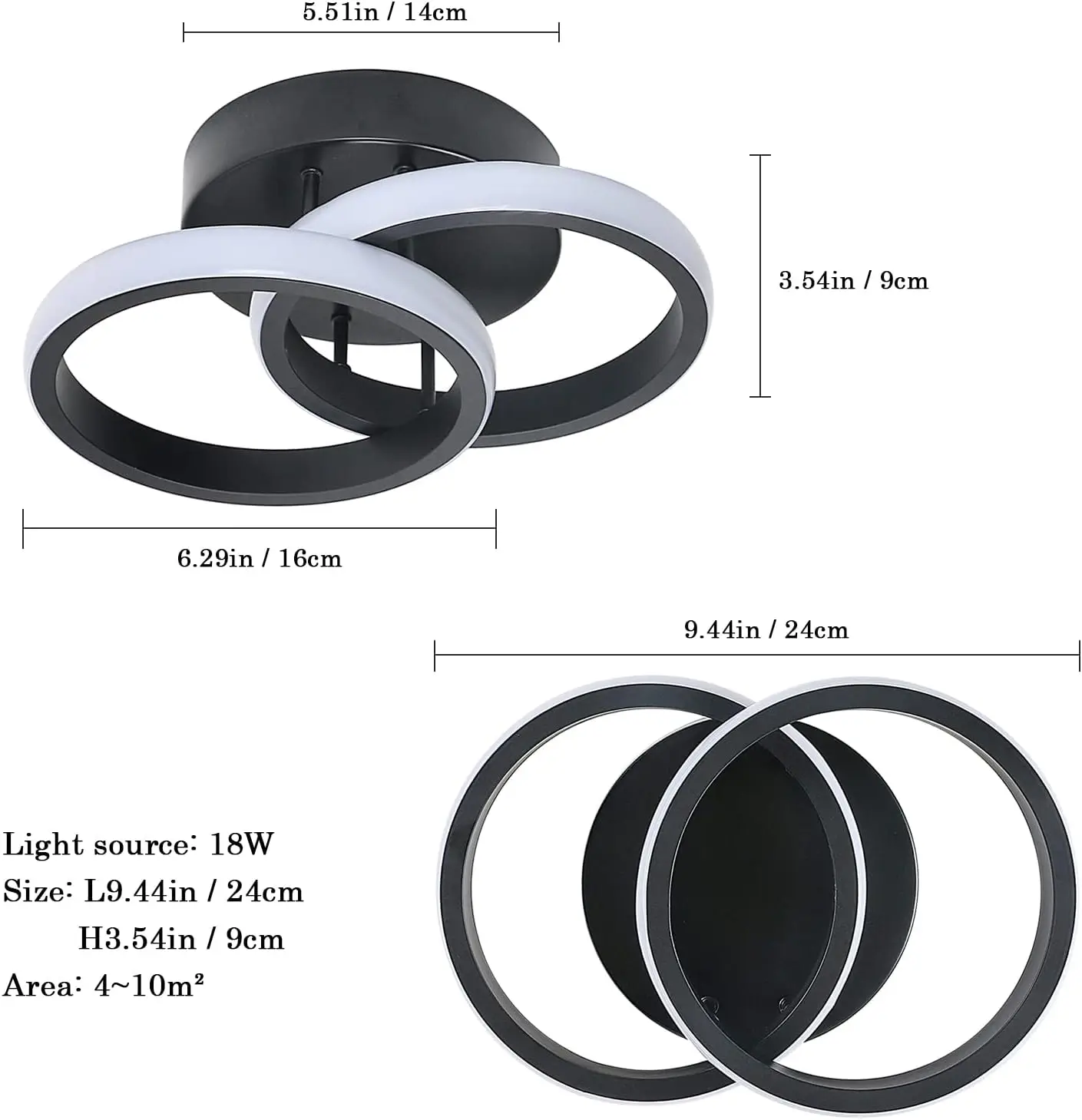 Small LED Ceiling Lamp,19W 1710LM Bedroom Ceiling Lamp,6000K Cool White Double Ring LED Ceiling Lamp,Black Living Room