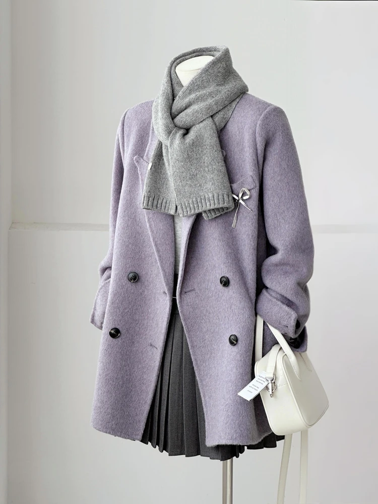 French Style Purple Suit Wool Woolen Coat Autumn Winter New Double Breasted Texture Temperament Warm Coat High-end Women's Coat