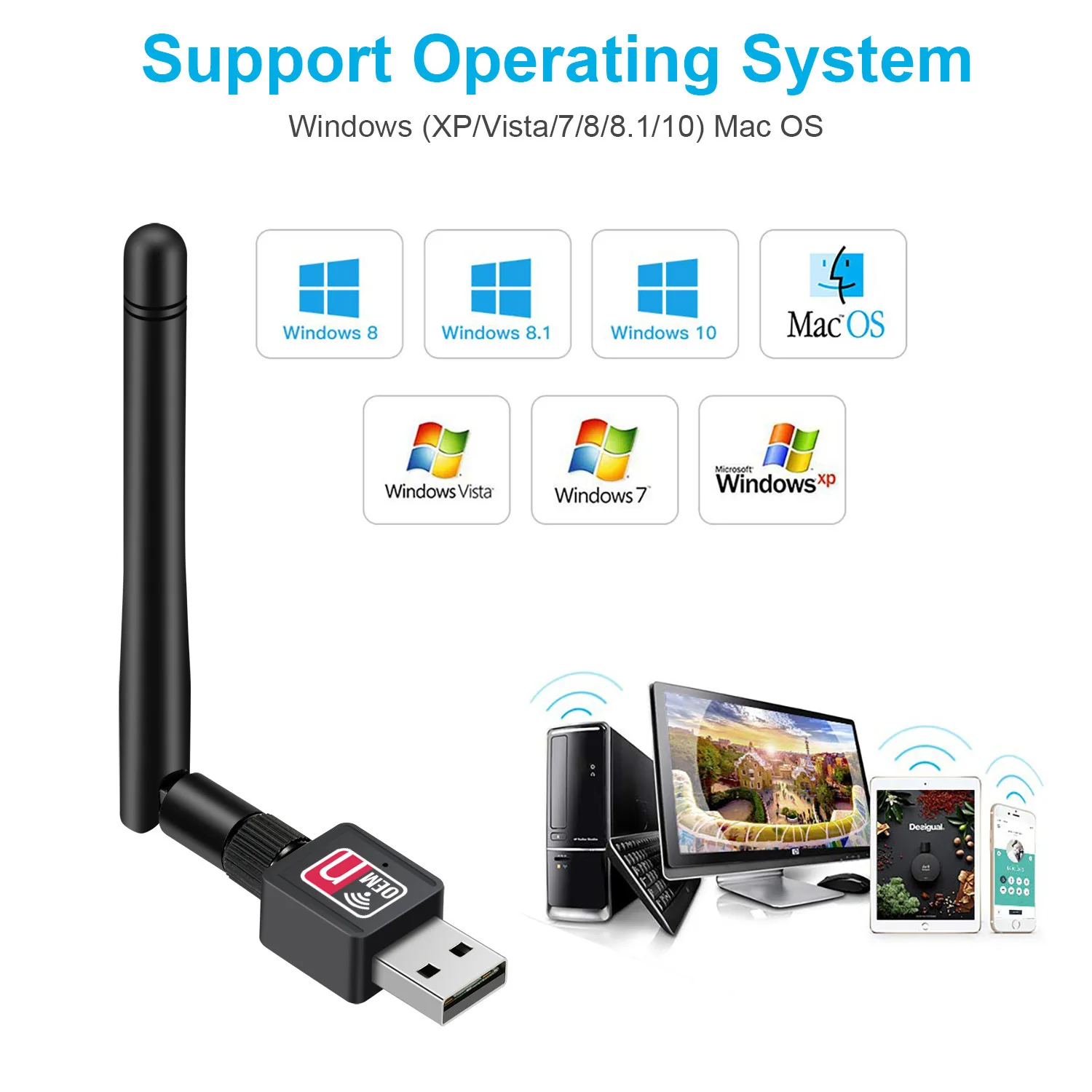 Mini Draadloze Wifi Adapter 150Mbps 2dbi Antenne Usb Wifi Ontvanger Dongle Mt7601 Rtl8188 Netwerkkaart 802.11b/N/G