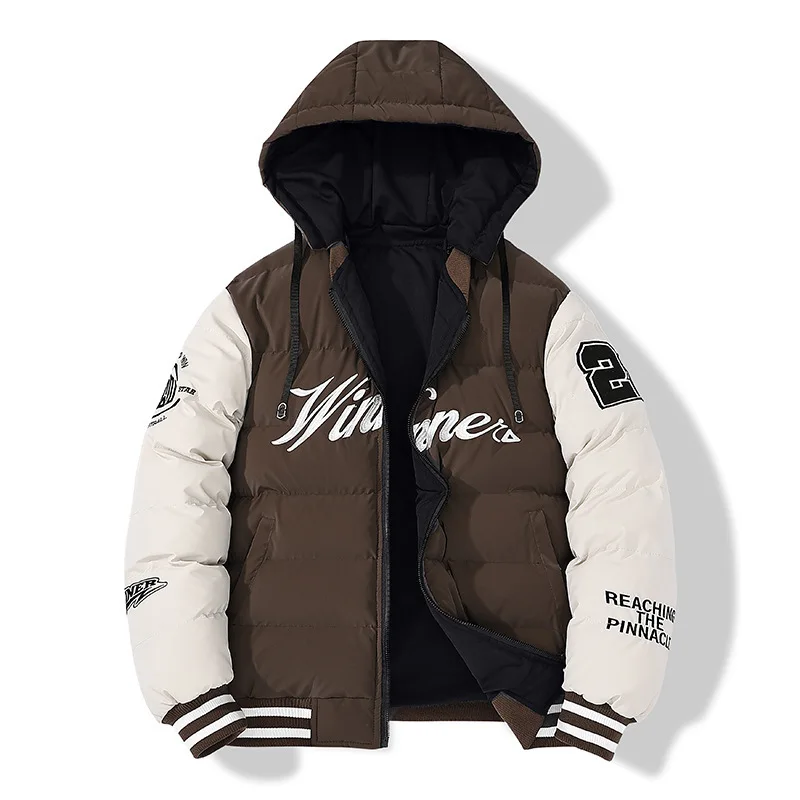Winter Man Down Coat Letter Printed Contrast Color Menswear Hooded Parkas Coat Thicken Cold-proof Loose Outerdoor Male Jacket