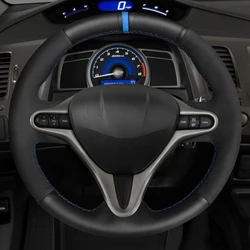 Car Steering Wheel Cover Non-slip Soft Black Genuine Leather For Honda Civic Civic 8 2006 2007 2008-2010 2011 (3-Spoke)