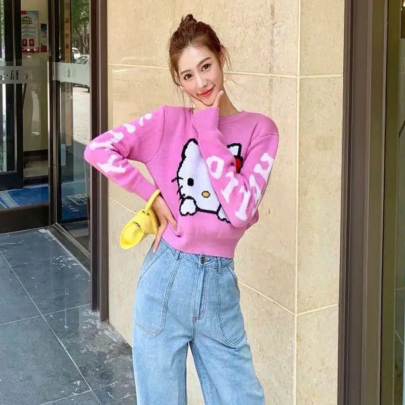 Sanrioed Hello Kitty Long Sleeve Knitwear Fashion Crop Tops Women Sweater Slim Fit Korean Cartoon All Match Round Neck Pullovers