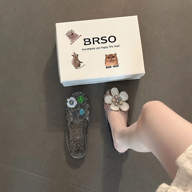 BRSO Women's Rhinestone Flower Crystal Closed Toe Jelly Slides Summer Beach Home Casual Breathable Non Slip Female Sandals